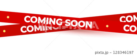 Coming Soon Red Banner Tape Stripe for shop opening, sale launch, retail notice, store ad, campaign teaser, product arrival, marketing layout. Product promotional clearance. Vector Illustration. 128346197