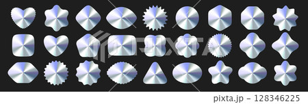 Glossy Metallic Gradient Labels, Empty Stickers, Shapes Set With Chrome Effect. Polished Metal Frame Icons Collection For Logo, Original Sticker, Holographic Label, Promo Design. Vector Illustration Glossy Metallic Gradient Labels, Empty Stickers, Shapes Set With Chrome Effect. Polished Metal Frame Icons Collection For Logo, Original Sticker, Holographic Label, Promo Design. Vector Illustration 128346225