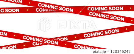 Coming Soon Red Banner Tape Stripe for shop opening, sale launch, retail notice, store ad, campaign teaser, product arrival, marketing layout. Product promotional clearance. Vector Illustration. Coming Soon Red Banner Tape Stripe for shop opening, sale launch, retail notice, store ad, campaign teaser, product arrival, marketing layout. Product promotional clearance. Vector Illustration. 128346245