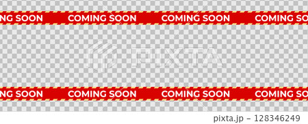 Coming Soon Red Stripe Banner Tape, border pattern for shop opening, sale launch, retail notice, marketing campaign. Product promotional clearance. Vector Illustration Coming Soon Red Stripe Banner Tape, border pattern for shop opening, sale launch, retail notice, marketing campaign. Product promotional clearance. Vector Illustration 128346249