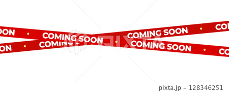 Coming Soon Red Banner Tape Stripe for shop opening, sale launch, retail notice, store ad, campaign teaser, product arrival, marketing layout. Product promotional clearance. Vector Illustration. Coming Soon Red Banner Tape Stripe for shop opening, sale launch, retail notice, store ad, campaign teaser, product arrival, marketing layout. Product promotional clearance. Vector Illustration. 128346251