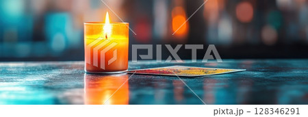 Close up of a lit candle casting reflections beside a tarot card glowing softly 128346291