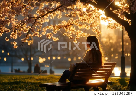 Girl enjoys serenity on a park bench under a blooming cherry tree in soft sunlight 128346297