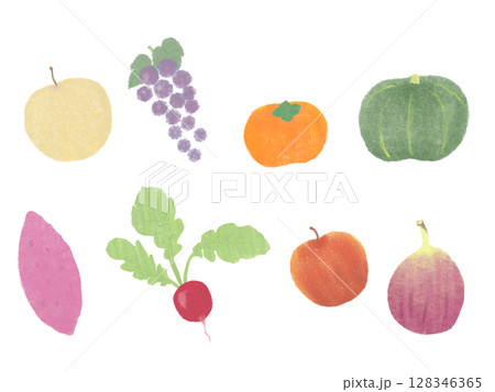 秋野菜と果物の手描きイラスト素材セット 128346365