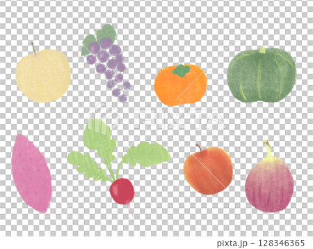 秋野菜と果物の手描きイラスト素材セット 128346365