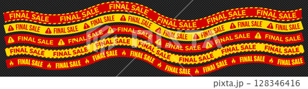 Curved red yellow tapes with bold Final Sale text, warning icons, flames. Creates urgency, hot deals impression. Used for retail ads, banners, product promos. Flat vector illustration. 128346416