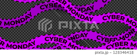 Curved purple Cyber Monday tape with bold black letters on transparent background. Evokes urgency, grabs attention. Ideal for online sales, ads, banners, web promotions. Flat vector illustration 128346418