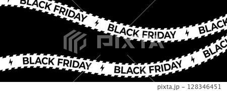 Black Friday sale tape with lightning icons. Bold white stripe for ecommerce ads, online shopping promo, retail discount banner, website campaign design. Vector illustration. 128346451