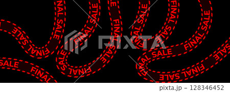 Final sale tape with red warning text. Clearance discount banner for shopping, ecommerce, seasonal offers, store promotion. Black background, curved ribbon style. Vector illustration. Final sale tape with red warning text. Clearance discount banner for shopping, ecommerce, seasonal offers, store promotion. Black background, curved ribbon style. Vector illustration. 128346452