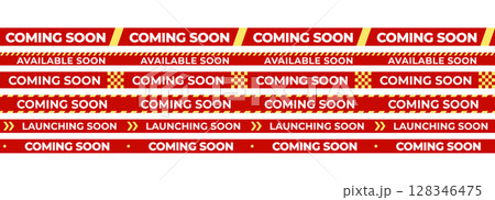 Collection of Available Soon and Coming Soon red ribbon banner tapes with striped accents for store opening, sale teaser, marketing campaign, alert notice, product release, store opening vector set. Collection of Available Soon and Coming Soon red ribbon banner tapes with striped accents for store opening, sale teaser, marketing campaign, alert notice, product release, store opening vector set. 128346475