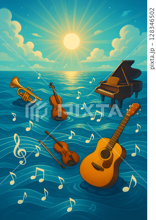 background scene with acoustic guitar and music 128346502