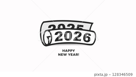 Turning Page to 2026 with Bold Calendar Roll Concept for New Year Transition. Ideal for Corporate Greeting, Annual Report, or Business Timeline Theme. Black and White Vector Illustration Turning Page to 2026 with Bold Calendar Roll Concept for New Year Transition. Ideal for Corporate Greeting, Annual Report, or Business Timeline Theme. Black and White Vector Illustration 128346509