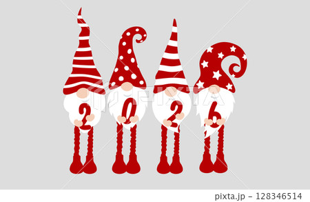 Cute Christmas Gnomes Holding 2026 Numbers in Red Hats for Winter Holiday Design, Seasonal Greeting Template, Kids New Year Party Decoration, Festive Cartoon Character Style. Vector Illustration. 128346514