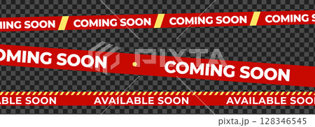 Coming Soon Available Soon Banner Tape, mixed ribbon styles for shop opening, sale launch, retail notice, marketing campaign. Product promotional clearance. Vector Illustration Coming Soon Available Soon Banner Tape, mixed ribbon styles for shop opening, sale launch, retail notice, marketing campaign. Product promotional clearance. Vector Illustration 128346545