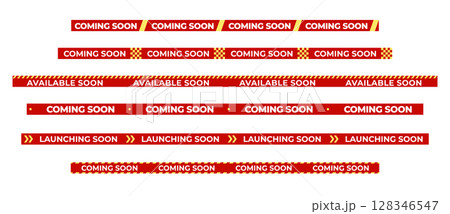 Coming Soon Red Warning Banner Tape set with bold typography for shop opening, sale launch, retail notice, campaign alert, product arrival, promotional clearance. Vector illustration. Coming Soon Red Warning Banner Tape set with bold typography for shop opening, sale launch, retail notice, campaign alert, product arrival, promotional clearance. Vector illustration. 128346547