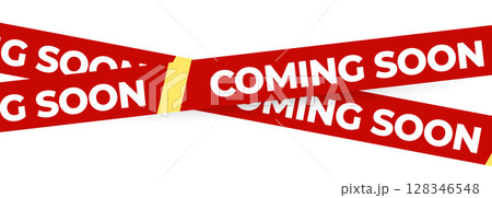 Coming Soon Red Banner Tape Stripe for shop opening, sale launch, retail notice, store ad, campaign teaser, product arrival, marketing layout. Product promotional clearance. Vector Illustration. Coming Soon Red Banner Tape Stripe for shop opening, sale launch, retail notice, store ad, campaign teaser, product arrival, marketing layout. Product promotional clearance. Vector Illustration. 128346548