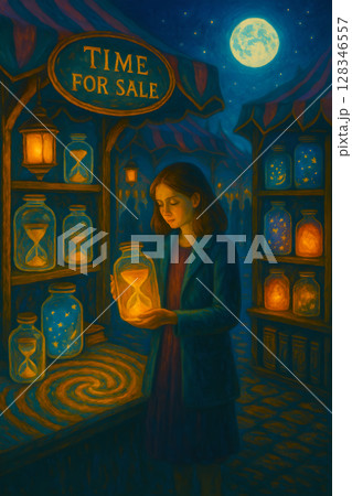 girl in witch costume standing in front of the castle 128346557