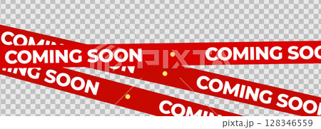 Coming Soon Red Banner Tape Stripe for shop opening, sale launch, retail notice, store ad, campaign teaser, product arrival, marketing layout. Product promotional clearance. Vector Illustration. 128346559
