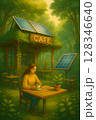 woman sitting at a table near the solar panel 128346640
