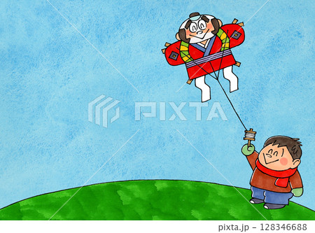 凧揚げをする男の子　コピースペース(青空) 128346688