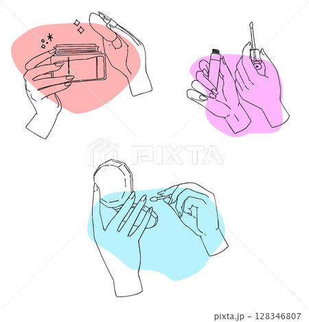 化粧品を色々持つ手の挿絵イラストセット・メイク・美容 128346807