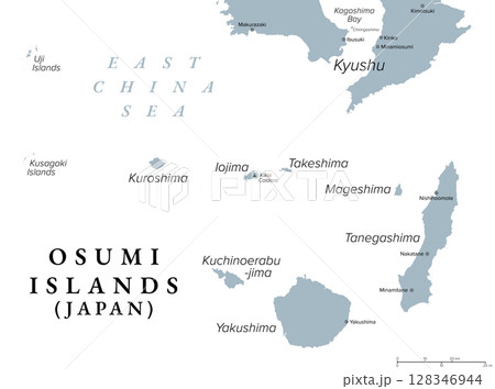Osumi Islands, island group of Japan, gray political map. Archipelago and northernmost group of Ryukyu Islands, extending from southern tip of Kyushu to Yakushima, belonging to Kagoshima Prefecture. Osumi Islands, island group of Japan, gray political map. Archipelago and northernmost group of Ryukyu Islands, extending from southern tip of Kyushu to Yakushima, belonging to Kagoshima Prefecture. 128346944