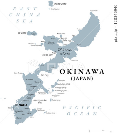 Okinawa Island, Japan, gray political map. One of the five main islands of Japan, and largest of the Okinawa Islands and the Ryukyu islands in the Kyushu region, with the capital Naha. Illustration 128346946
