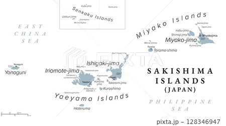 Sakishima Islands, Japan, gray political map. Southernmost end of Japanese Archipelago, part of Ryukyu Islands. With Miyako, Yaeyama and Senkaku Islands, administered as part of Okinawa Prefecture. 128346947