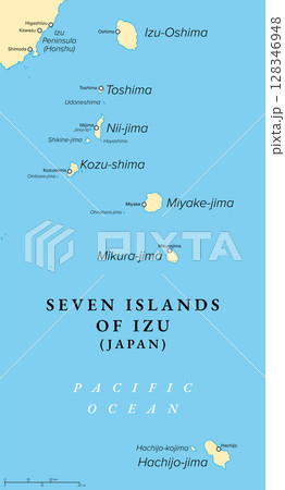 Seven Islands of Izu, Tokyo Prefecture, Japan, political map. The name comes from the fact that there were seven main inhabited islands in the Izu Islands during the Edo period. Illustration. Vector 128346948