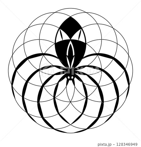 Alien-spider in its web, crop circle pattern. Spider with face of an Alien on its abdomen lurks for prey, sitting in its web, in the shape similar to a Seed of Life. Found 2025 in Cerne Abbas, Dorset. 128346949