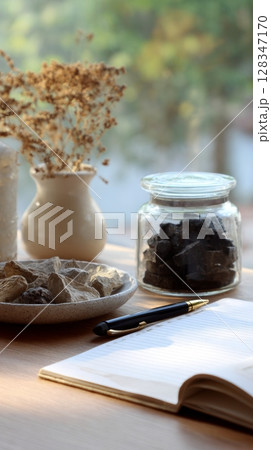 Shilajit herbal remedy displayed on wooden table with notebook and decorative elements 128347170