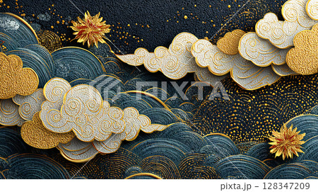 金雲と夜の和模様｜Japanese Golden Clouds and Night Pattern 128347209