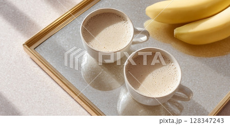 Two cups of creamy banana coffee on a reflective tray with ripe bananas, showcasing a delightful morning beverage experience Two cups of creamy banana coffee on a reflective tray with ripe bananas, showcasing a delightful morning beverage experience 128347243