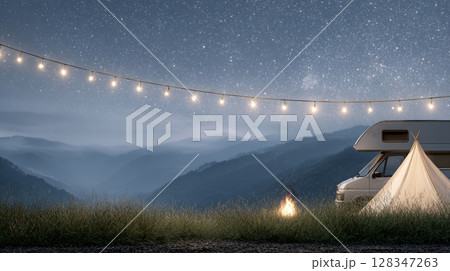 String lights illuminate a camping car and tent, creating a cozy atmosphere in nature under a starry sky String lights illuminate a camping car and tent, creating a cozy atmosphere in nature under a starry sky 128347263