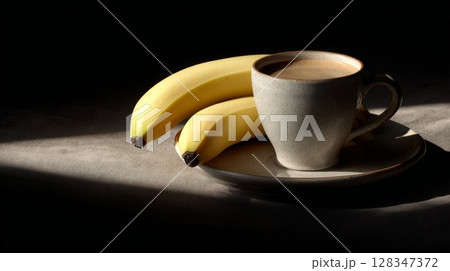 Coffee cup with rich beverage sits on a plate beside two ripe bananas 128347372