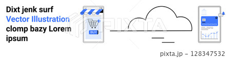 Shopping cart on a storefront screen, connecting to the cloud, followed by an analytics dashboard on a mobile device. Ideal for e-commerce, cloud computing, data security, mobile apps, online retail Shopping cart on a storefront screen, connecting to the cloud, followed by an analytics dashboard on a mobile device. Ideal for e-commerce, cloud computing, data security, mobile apps, online retail 128347532