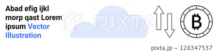 Cloud icon, Bitcoin symbol in a circle, and up-down arrows. Ideal for technology, cryptocurrency, cloud computing, investment, digital finance, blockchain, market trends. Landing page Cloud icon, Bitcoin symbol in a circle, and up-down arrows. Ideal for technology, cryptocurrency, cloud computing, investment, digital finance, blockchain, market trends. Landing page 128347537