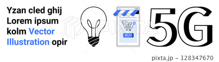 Connected light bulb, mobile shopping app icon with buy button, and large 5G text. Ideal for innovation, IoT, e-commerce, mobile technology, future trends, connectivity, digital transformation 128347670
