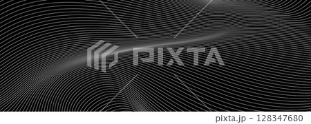 Abstract black background with flowing white curved lines creating a wave effect. Vector illustration 128347680
