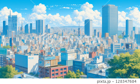 レトロ風味のシティポップテイスト、澄んだ青空と広がる雲、高層ビルが立ち並ぶ都市風景 レトロ風味のシティポップテイスト、澄んだ青空と広がる雲、高層ビルが立ち並ぶ都市風景 128347684
