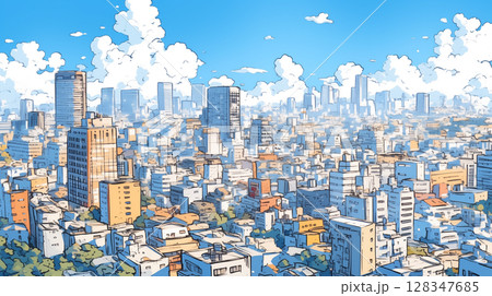 レトロ風味のシティポップテイスト、澄んだ青空と広がる雲、高層ビルが立ち並ぶ都市風景 128347685