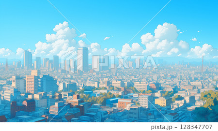 青空と入道雲が広がる夏の都市風景と高層ビルの街並みイラスト、シティポップ風のレトロ感と現代的な建築 128347707