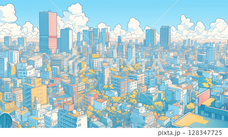 夏の青空と雲、都市の高層ビル群、明るく澄んだ空気感が感じられるシティスケープのイラスト 夏の青空と雲、都市の高層ビル群、明るく澄んだ空気感が感じられるシティスケープのイラスト 128347725
