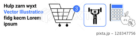 Shopping cart with product count, person lifting weights, calculator, and apple, illustrating balanced lifestyle. Ideal for online stores, fitness apps, budgeting, wellness blogs, e-commerce sites 128347756