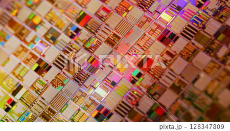 Silicon semiconductor wafer close-up. 128347809