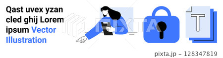 Woman holding clipboard, blue padlock symbolizing security, stack of documents with text. Ideal for information security, education, data management, privacy policies, digital security, office Woman holding clipboard, blue padlock symbolizing security, stack of documents with text. Ideal for information security, education, data management, privacy policies, digital security, office 128347819