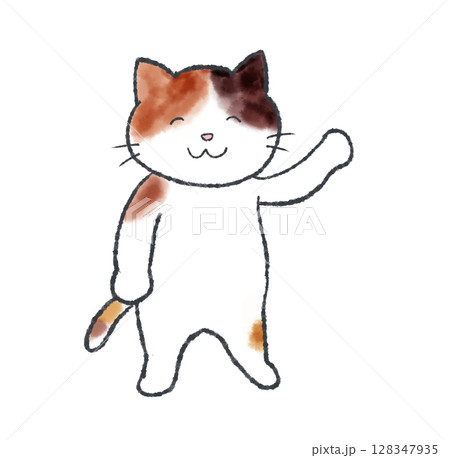 ほほえみながら手を挙げる三毛猫2 128347935