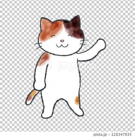 ほほえみながら手を挙げる三毛猫2 128347935