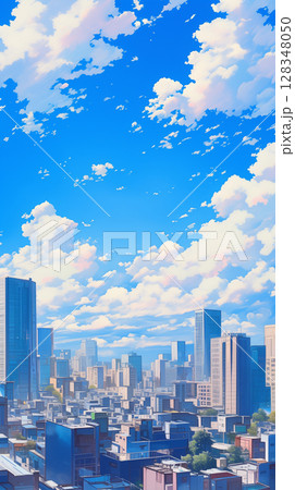 レトロな色合いで描かれた近代都市の風景、青空と雲のコントラストが美しい 128348050