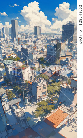 レトロな色合いで描かれた近代都市の風景、青空と雲のコントラストが美しい レトロな色合いで描かれた近代都市の風景、青空と雲のコントラストが美しい 128348052